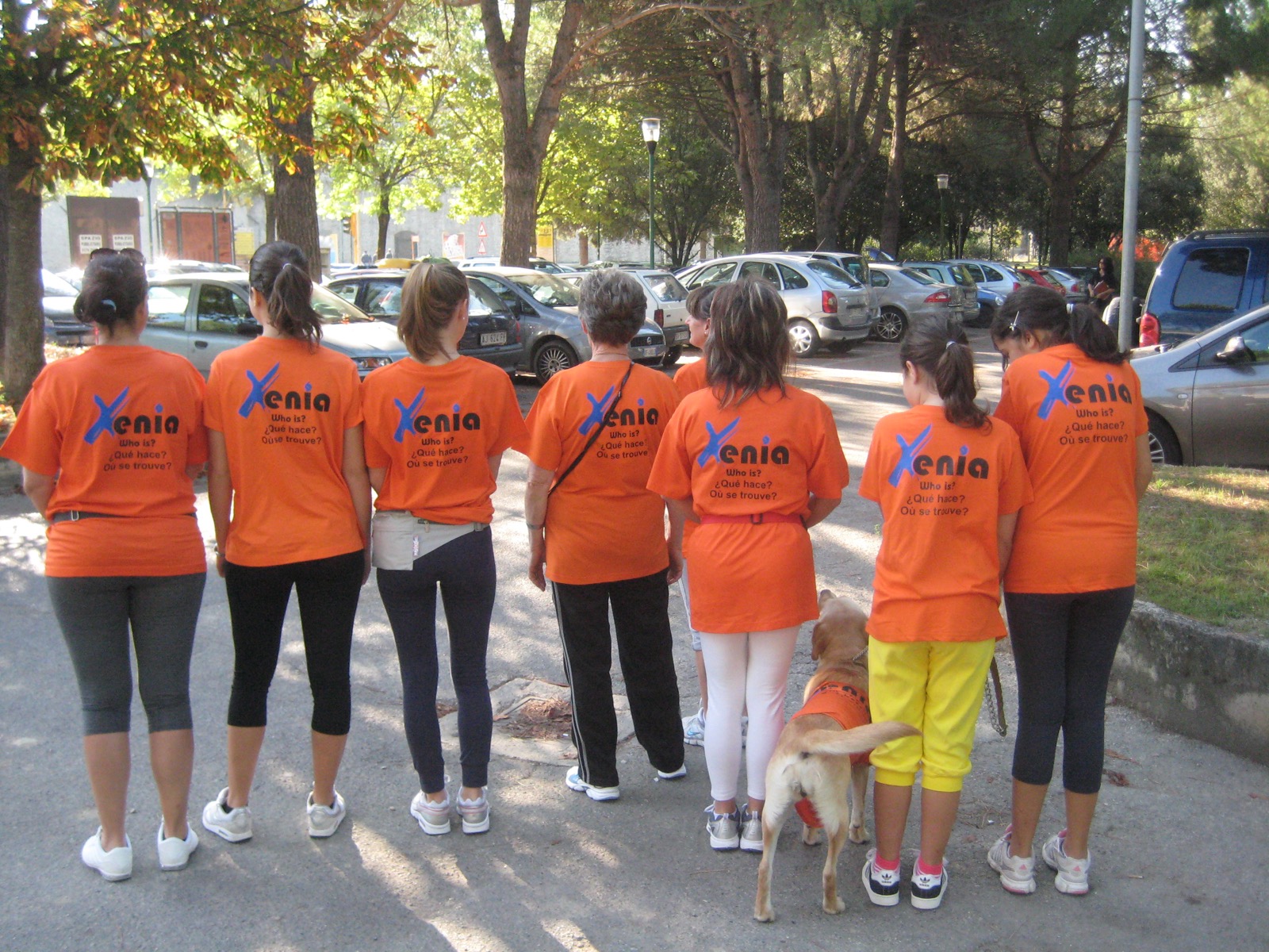 Gruppo di spalle con t-shirt arancioni e logo Xenia stampato sulla schiena